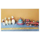 Vintage Toys, Bowling Pins, Top & Train Engine