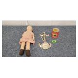 Vintage Corn Palace Therm, Doll, Folgers CoffeeTin
