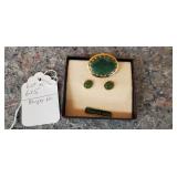 Vintage Genuine Jade Clip On Earrings & Broach