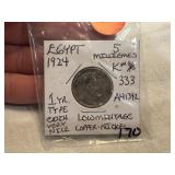 1924 Egypt 5 Milliemes Coin, Low Mintage