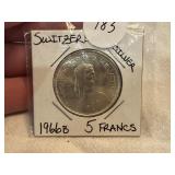 Switzerland 5 Francs Silver Coin 1966B