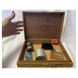 Wooden Cigar Box with Tobacco, Lighters, Etc