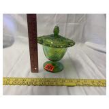 Green Carnival Glass Lidded Candy Dish