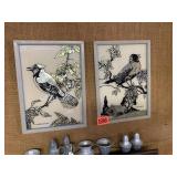 Vintage Foil Reverse Painted Blue Jay & Robin