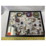 Display Case of Military & Other Pins, Patches,