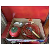 Strawberry Dish & Assorted Kitchen Utensils