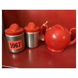 Vintage Metal & Red Salt & Pepper and Sugar Bowl