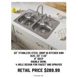 33" Stainless Steel Drop In Kitchen Sink