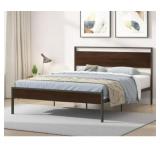 Ceres Queen Size Metal Bed Frame in Black/Walnut
