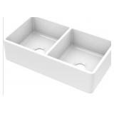 33" White Fireclay 50/50 Double Bowl Farm Sink