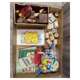Box of Old Spools, Wood Figurines, Noise Makers