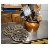Stoneware Crock, Utensils, and Trivets