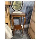 Wood Pedestal Table and Portrait