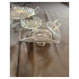 Clear Pressed Glass Servingware and Assorted Stopp