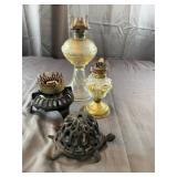 Antique Glass and Cast Iron Oil Lamps