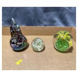 Three Glass Paperweights including Art Glass Pear