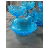 Aqua Blue Pressed Glass Compotes and Covered Dish