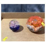 Pair Of Art Glass Paperweights, Floral And Orange