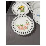 Milk Glass Lace Edge Hand Painted Plates