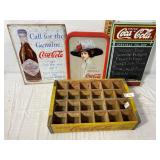 Coca-Cola Wood box, 2 Metal Signs, 1 Chalkboard