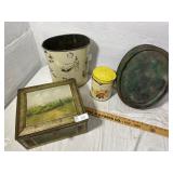 Assorted Vintage Tin Pieces (Trash can, Canisters,