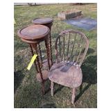 2 Wood Plant Stands & Wooden Chair