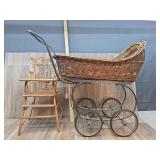 Wicker & Metal Doll Buggy & Doll High Chair