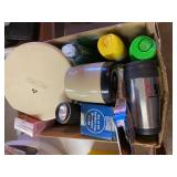 Box of Kitchen Plates, misc. kitchen supplies