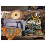 Box of Vice Grips, Brushes, misc. tools, sand pape