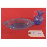 Blue Oval Bowl and Blue Crackle Glass Min. Pitcher