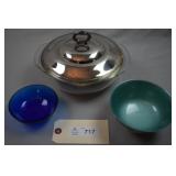 Pyrex 023 1 1/2 Qt with silver plate lid and misc.