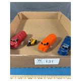 4 pcs; 3 Tootsie Metal Toy, 1 Metal Dinky Motorcyc