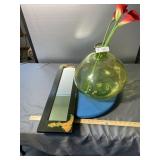 Large Green Glass Vase, Painted Wood Mirror 7"x23