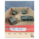 4 pcs; 3 Dinky Toys, 1 plastic Jeep
