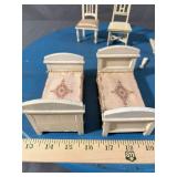2 Wooden Doll Beds and 3 Chairs (1 w/dmg)