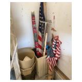Assorted Garden Stakes Planters Flags and Rake Uti