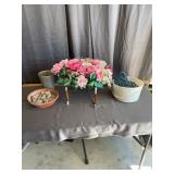 Assorted Garden Planters Faux Flowers and Blue Rop