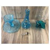 Vintage Blue Art Glass Pitcher Basket and Stand