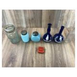 Mary Gregory Cobalt Bottles Blue Shakers & Tin
