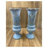 Antique Blue Bristol Glass Hand Painted Vases Pair