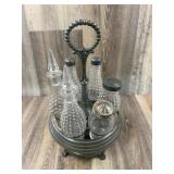 Antique Pewter Caster Set Six Hobnail Glass Cruet