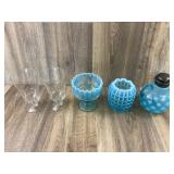 Blue Opalescent Art Glass and Clear Stemware
