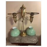 Antique Brass Double Student Lamp Green Glass Shad