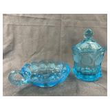 Fostoria Aqua Blue Coin Glass Candy Jar and Bowl