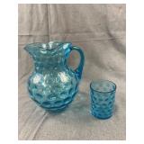Blue Glass Coin Dot Pitcher and Tumbler Set
