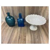 Wheaton Blue Glass Bottles and Ironstone Compote