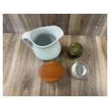 Ceramic Pitcher Shaker Wooden Box and Coasters