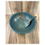 Hand Painted Teal Wooden Salad Bowl and Set