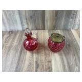 Fenton Cranberry Coin Dot Cruet and Hobnail Jar