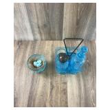 Blue Pressed Glass Condiment Set and Footed Dish